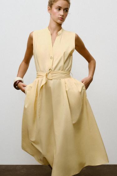 POPLIN MIDI DRESS WITH BELT - Butter by Zara