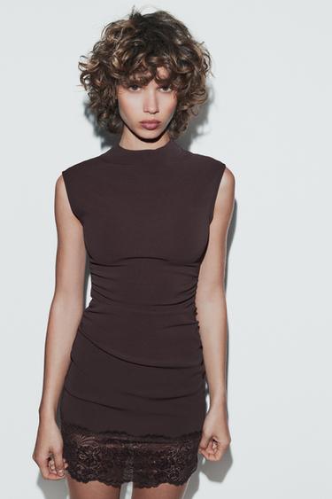 Zara STRETCH LACE SHORT DRESS - Dark brown