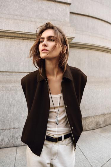 GILET WITH SHOULDER PADS AND ELASTIC HEM - Brown by Zara - Image 3