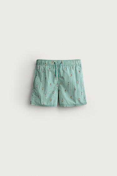 STRIPED MID-LENGTH SWIM SHORTS — Green stripe 1