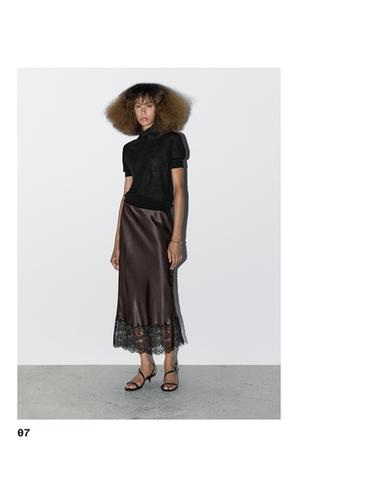 Zara Satin lace-trimmed midi skirt - STUDIO - Black gold