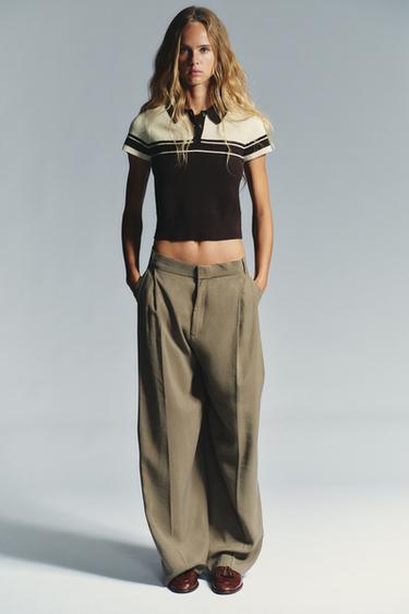 Zara RIBBED KNIT POLO TOP - Brown / Ecru