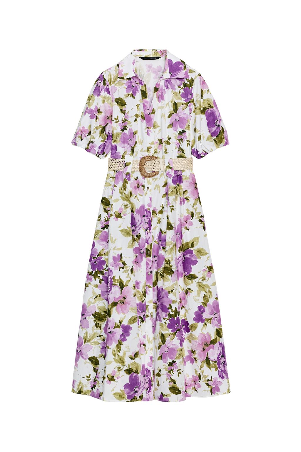 FLORAL PRINT BELTED MIDI DRESS