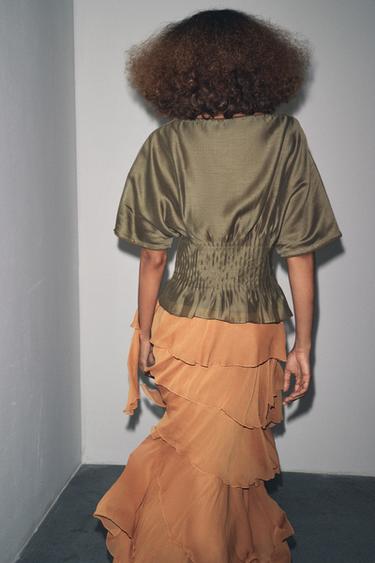 BLOUSE EN MAILLE MIXTE TAILLE PLISSÉE - Kaki foncé de Zara - Image 2