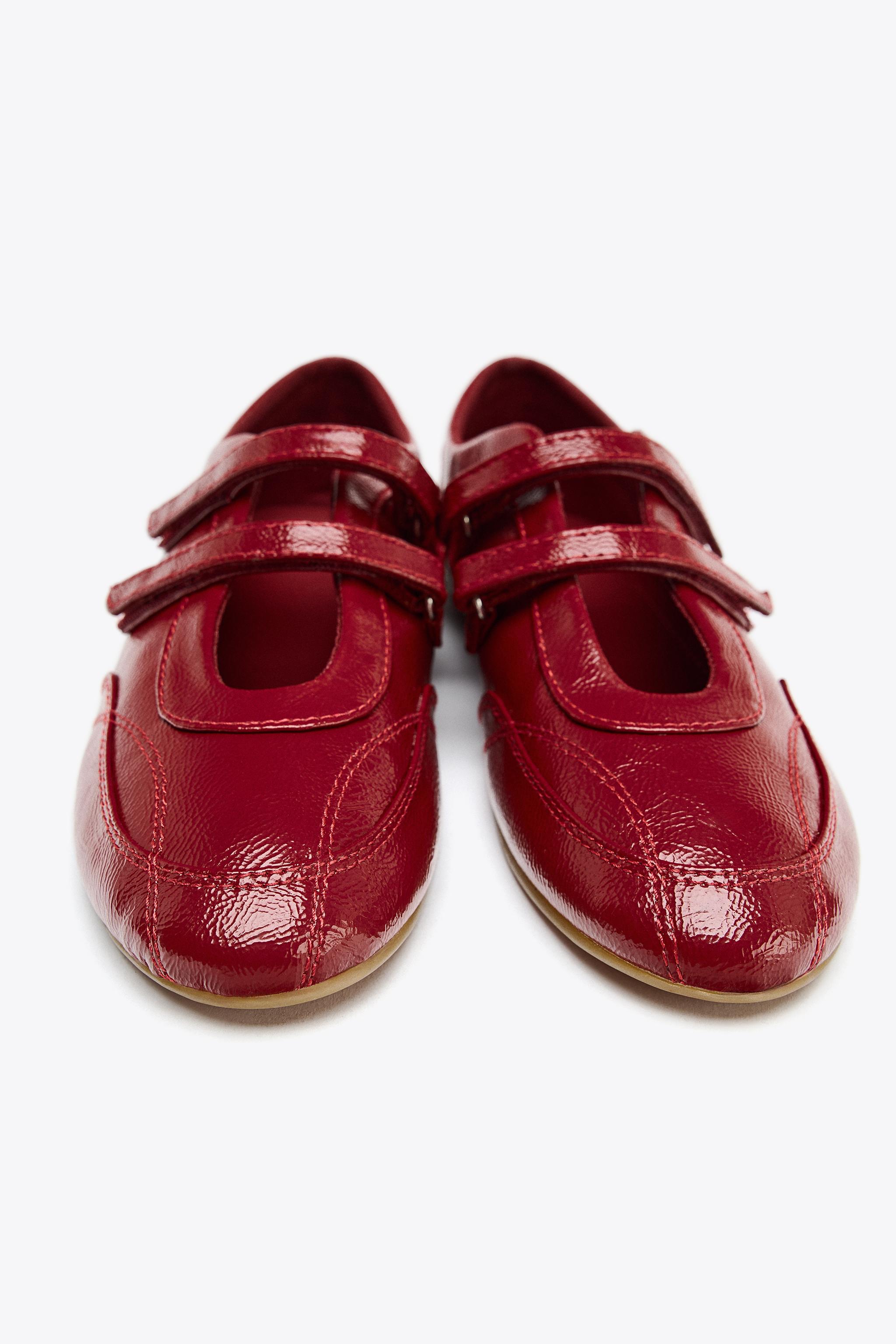 【超美品⭐︎即日発送】ZARA エナメルバレリーナシューズ レッド ZARA】ダブルストラップ エナメルバレリーナシューズ (ZARA