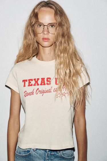 FADED-EFFECT T-SHIRT WITH SLOGAN - Ecru by Zara - Image 2