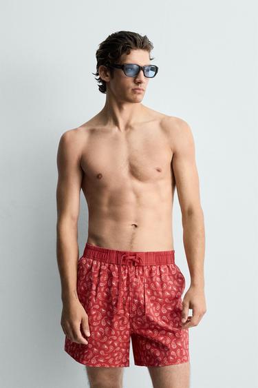 PAISLEY PRINT LONG SWIMMING TRUNKS - Light red by Zara - Image 1