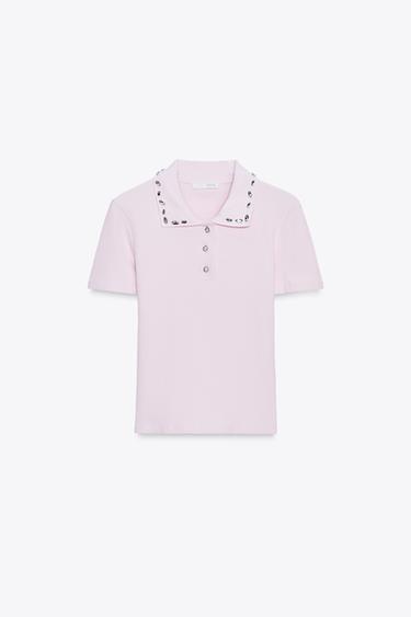 Zara 珠寶領羅紋POLO衫 - 粉紅色