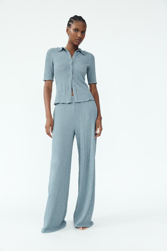 Textured Polo Top And Pants Set