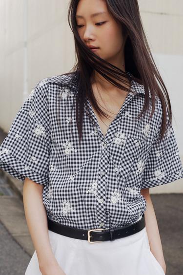 刺繍チェックシャツネイビーブルー/ホワイトZaraの刺繍チェックシャツ - ネイビーブルー/ホワイト 