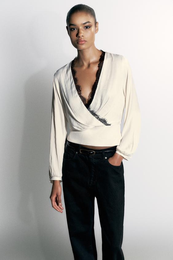 BLOUSE SATINÉE DENTELLE - Écru de Zara - Image 1