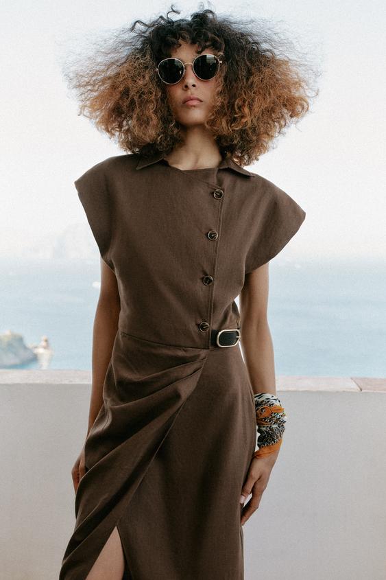 brown dress with belt LINEN BLEND MIDI DRESS WITH BELT - Brown / Taupe