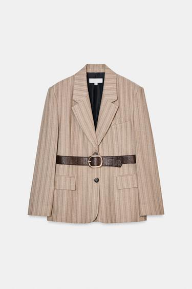 HERRINGBONE BLAZER WITH BELT - CAMEL/WHITE by Zara