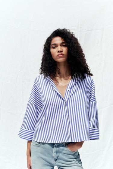 STRIPED SHIRT WITH WIDE SLEEVES AND METALLIC THREAD - Blue/White by Zara - Image 1