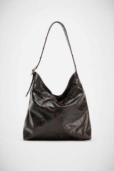 Zara STUDDED SHOPPER BAG - Chocolate