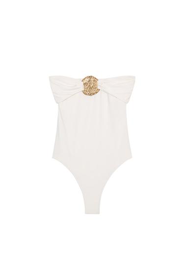 Zara METALLIC BANDEAU SWIMSUIT - Ecru