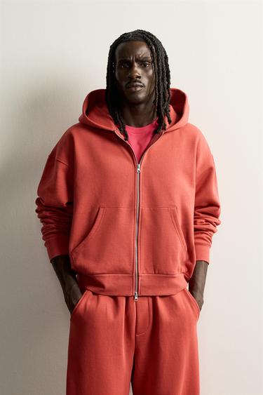 BASIC BOXY-FIT ZIP-UP HOODIE - Red by Zara