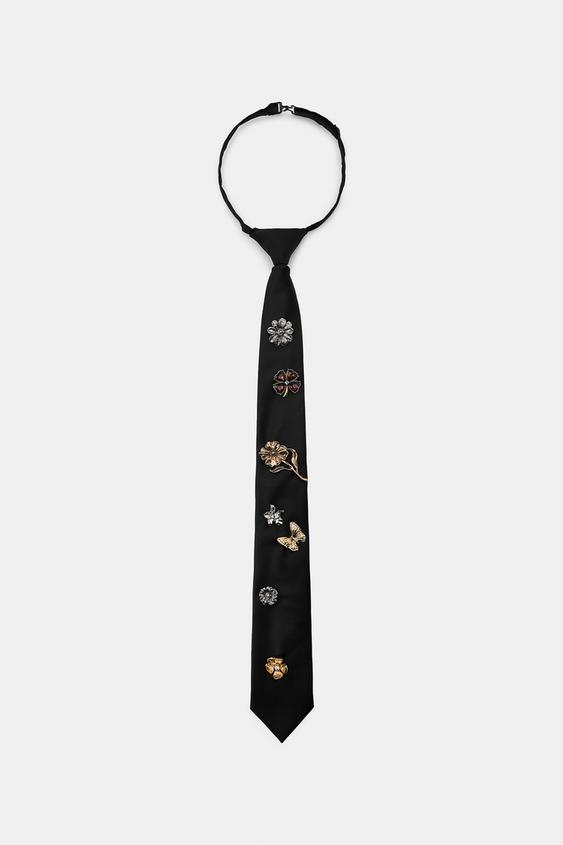 Zara Butterfly Floral Charm Tie Black Ref 4548/004/800
