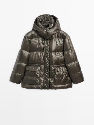 Zara Short water-repellent puffer jacket with hood - Bottle green