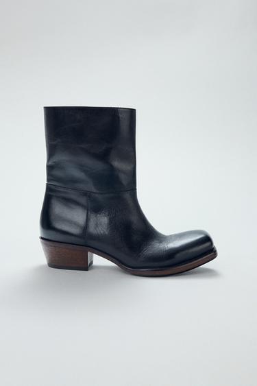Zara LEATHER COWBOY ANKLE BOOTS - Black