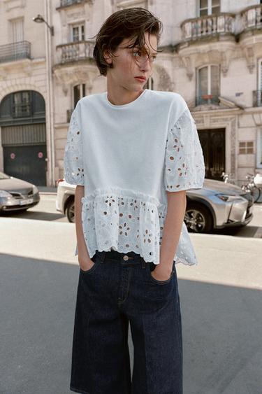 Zara EMBROIDERED SHORT SLEEVE T-SHIRT - White