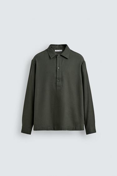 قميص بولو قطن - كتان - كاكي داكن by Zara