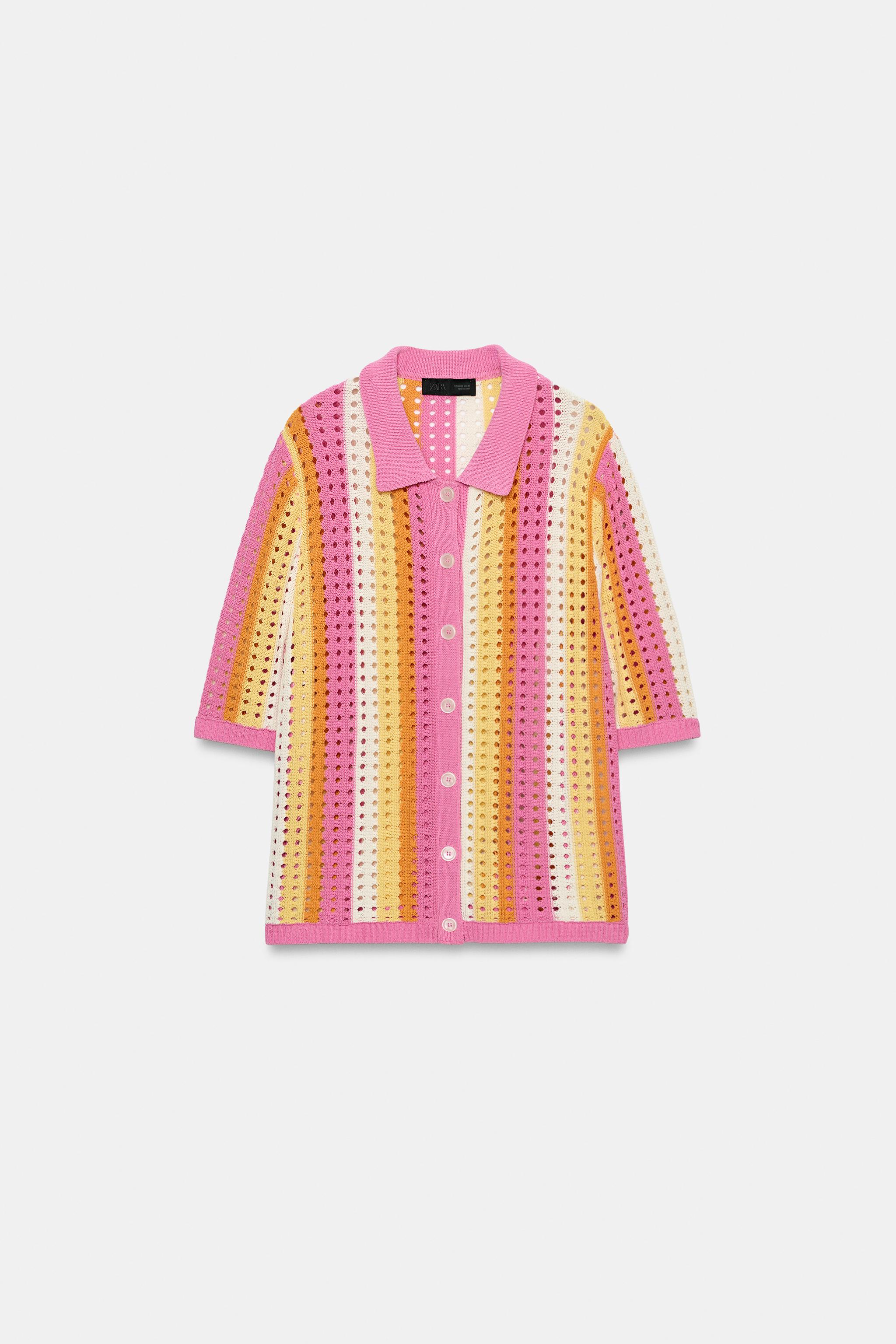 STRIPED OPENWORK KNIT POLO JACKET