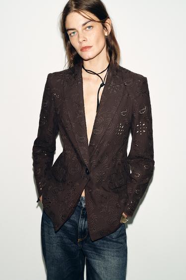STRAIGHT BLAZER WITH CUTWORK EMBROIDERY SHOULDER PADS - Brown by Zara