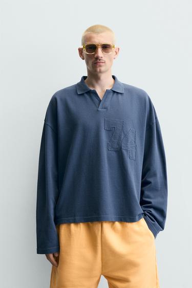RELAXED FIT NUMBER PATCH PIQUÉ POLO SHIRT - Blue by Zara