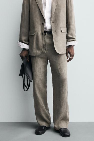 Zara WASHED 100% LINEN SUIT PANTS - Mink