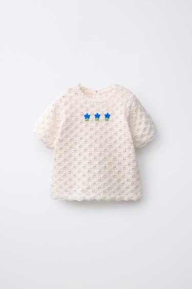 EMBROIDERED CROCHET KNIT T-SHIRT - Ecru by Zara - Image 0