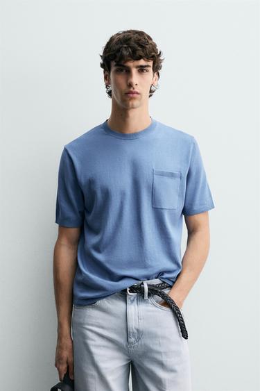 Zara COTTON KNIT REGULAR FIT T-SHIRT - Blue