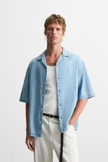 CONTRAST EMBROIDERY DENIM SHIRT - Light blue by Zara