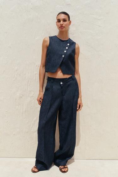 100% LINEN CROSS-WAIST TROUSERS - Indigo by Zara - Image 0