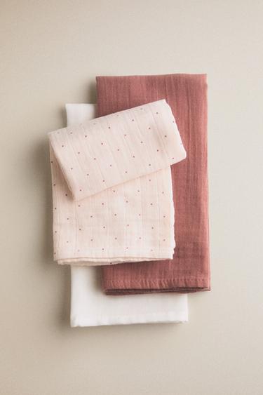 Zara SET OF MULTICOLORED BABY MUSLIN CLOTHS (SET OF 3) - Pink