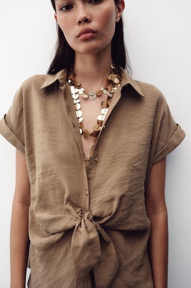 SHORT SLEEVE KNOT SHIRT - Brown / Taupe by Zara - Image 2