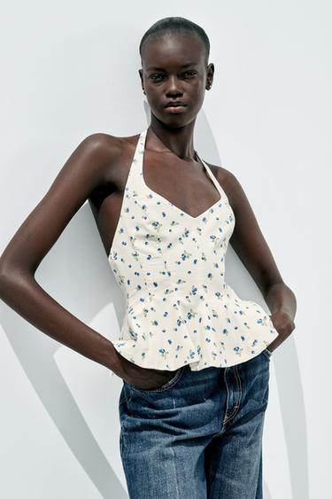 TOP HALTER POPELINE FLEURS - Écru / Bleu de Zara - Image 1