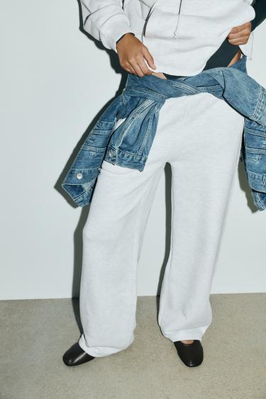 Zara BELTED STRAIGHT LEG FLEECE PANTS - Gray marl