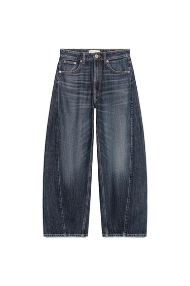Front view of dark blue wide-leg jeans with front and back pockets, button and zip fastening.
