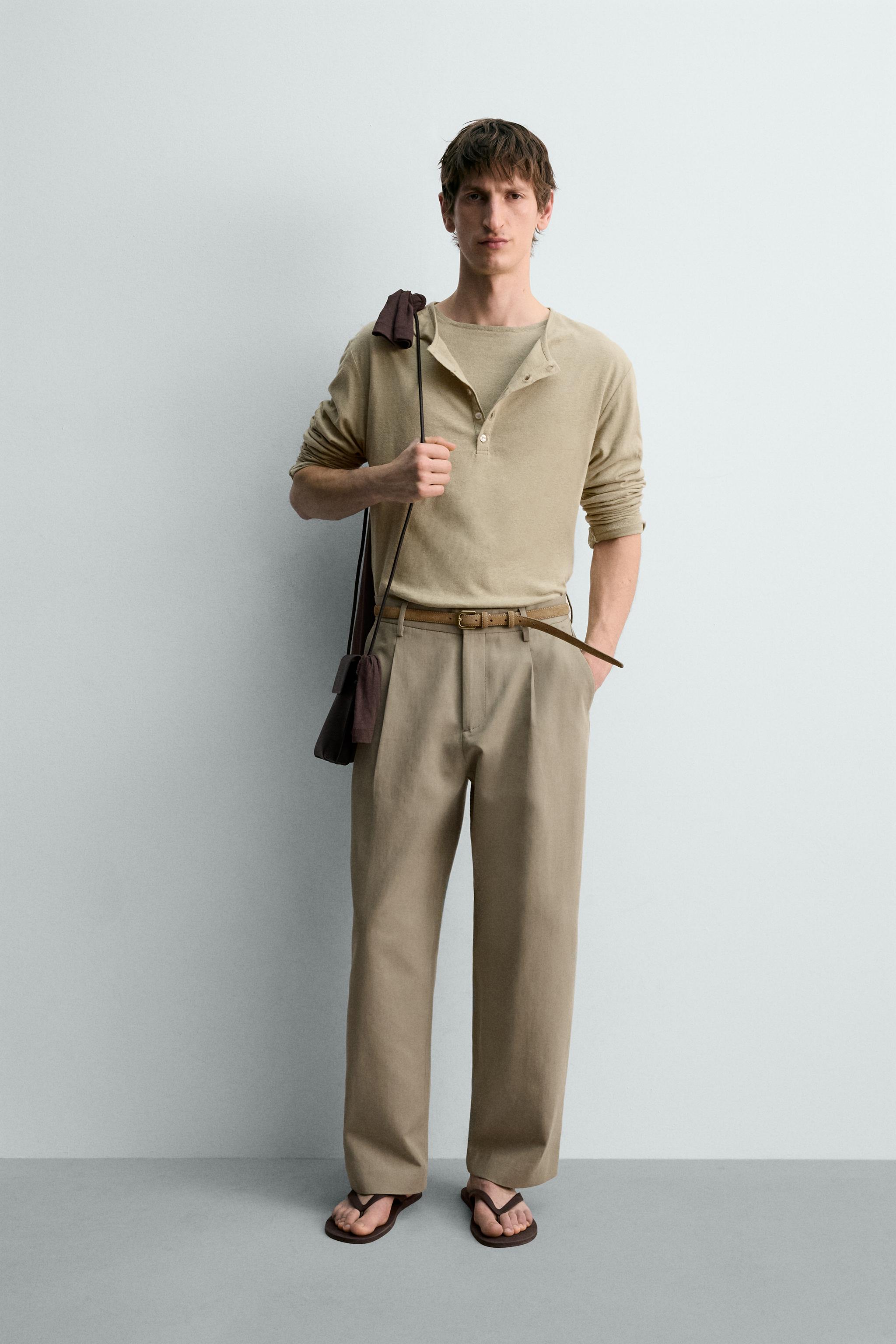 COTTON LINEN BLEND HENLEY T-SHIRT