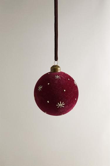 VELVET BAUBLE CHRISTMAS TREE DECORATION WITH STARS - Burgundy by Zara - Image 0