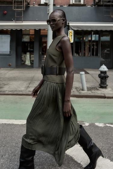 MIDI CONTRAST DRESS WITH BELT - Khaki by Zara - Image 4