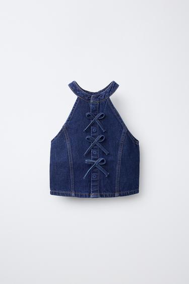 DENIM HALTER TOP WITH BOWS - Blue by Zara - Image 0