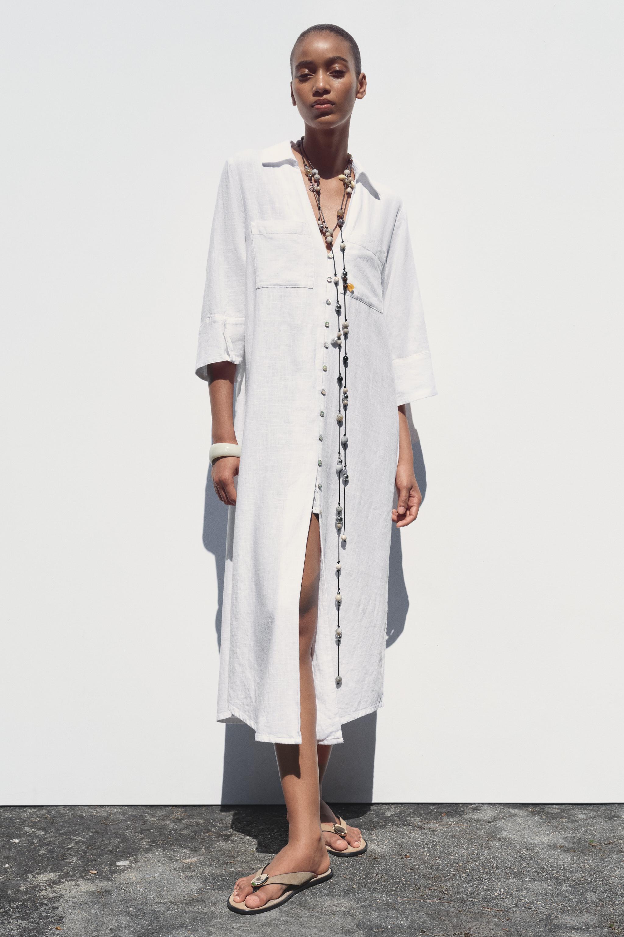 VESTIDO CAMISERO COM LINHO Branco ZARA Brasil1