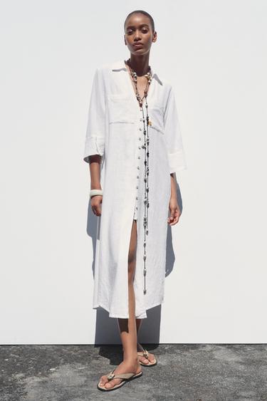 Abito Chemisier Chemisier Lino Bianco Vestito Bianco Lungo Estivo