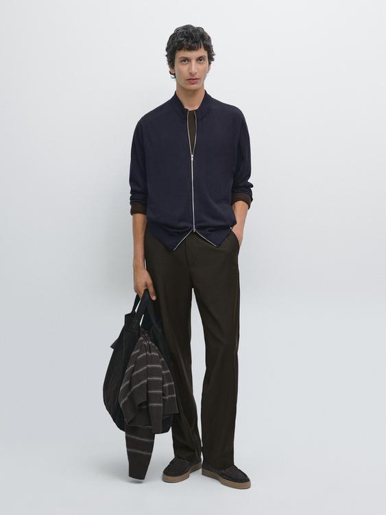 Merino wool zip-up knit cardigan