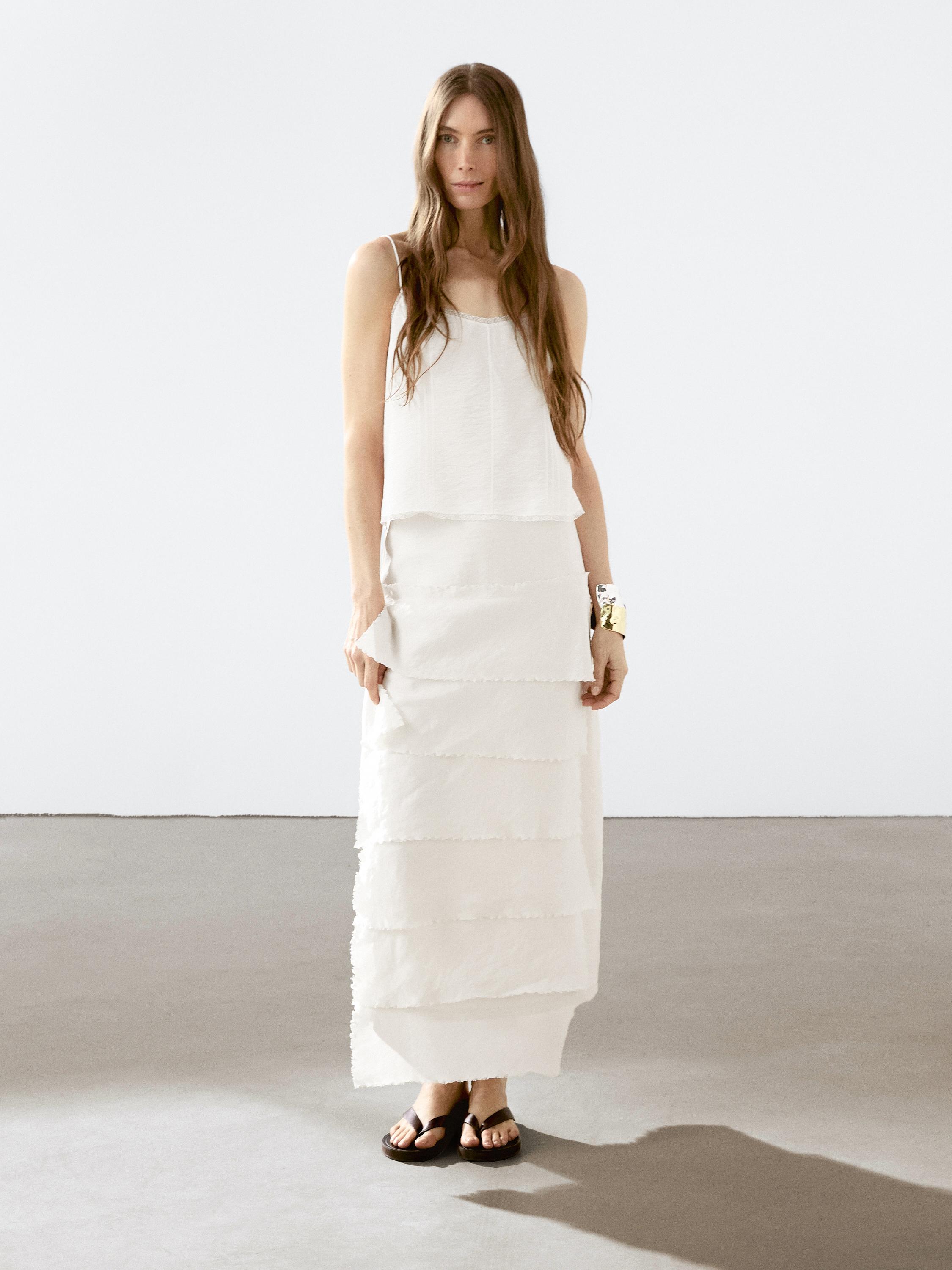 Midi skirt with ruffle detail - Ecru | ZARA United States Midi skirt with ruffle detail - Ecru | ZARA United States