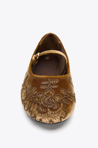 VELVET-EFFECT EMBROIDERED BALLERINAS - Ochre by Zara - Image 2