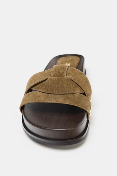 LEATHER SLIDER SANDALS - Khaki Green de Zara - Image 5