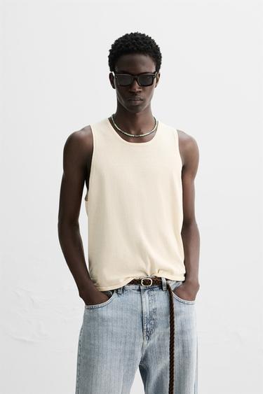 Zara VISCOSE LINEN TANK TOP - Lime green